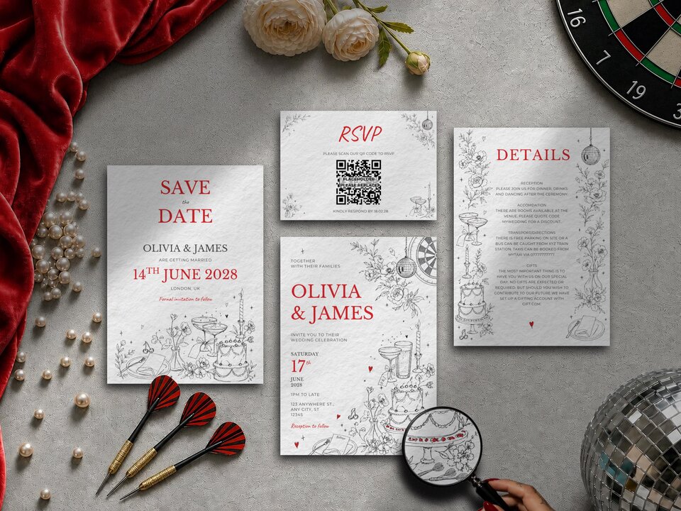 Elegant darts wedding invitation suite featuring illustrated dartboard details, hidden darts, personalised touches and matching editorial wedding stationery editable in Canva.