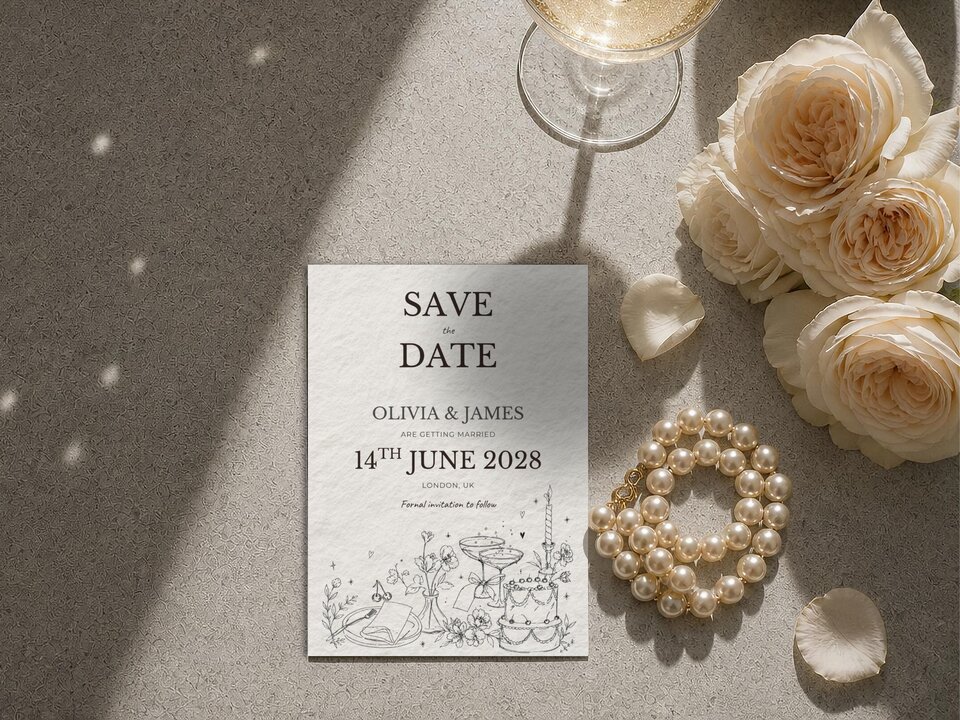 Illustrated wedding invitation suite featuring hidden match day details including a rugby ball flying above personalised champagne coupes, rugby goal posts as a wedding cake topper and a Perfect Try menu card.