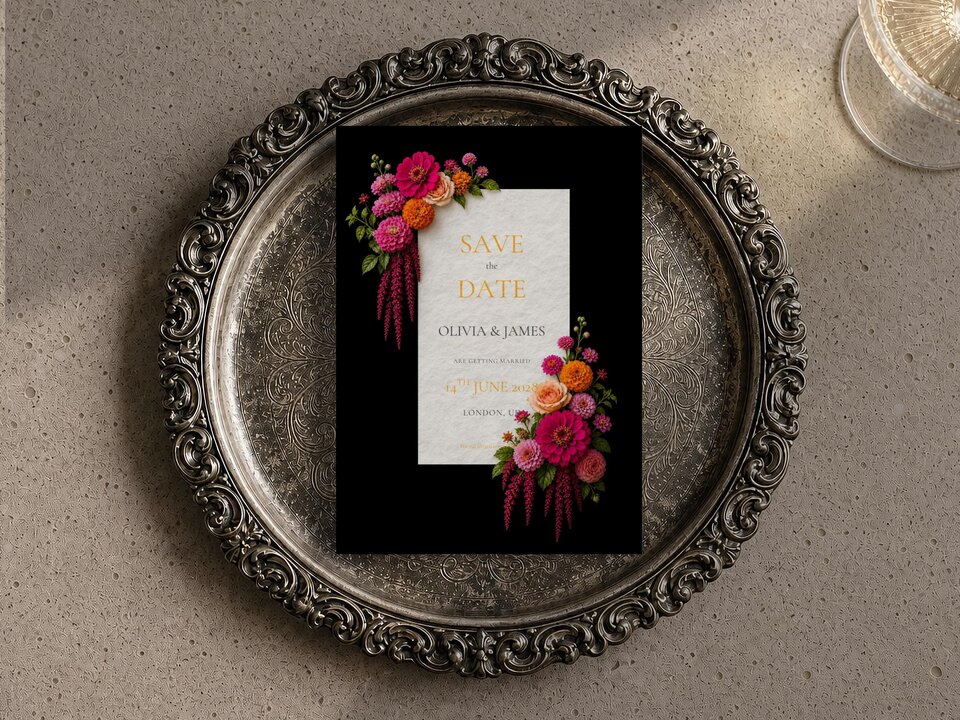 wedding invitation,save the date,digital download,canva template,floral save date,orange marigolds,pink fuchsia zinnias,bengali gaye holud,hindu genda,dark moody floral,gothic romance,tropical florals,colourful blooms
