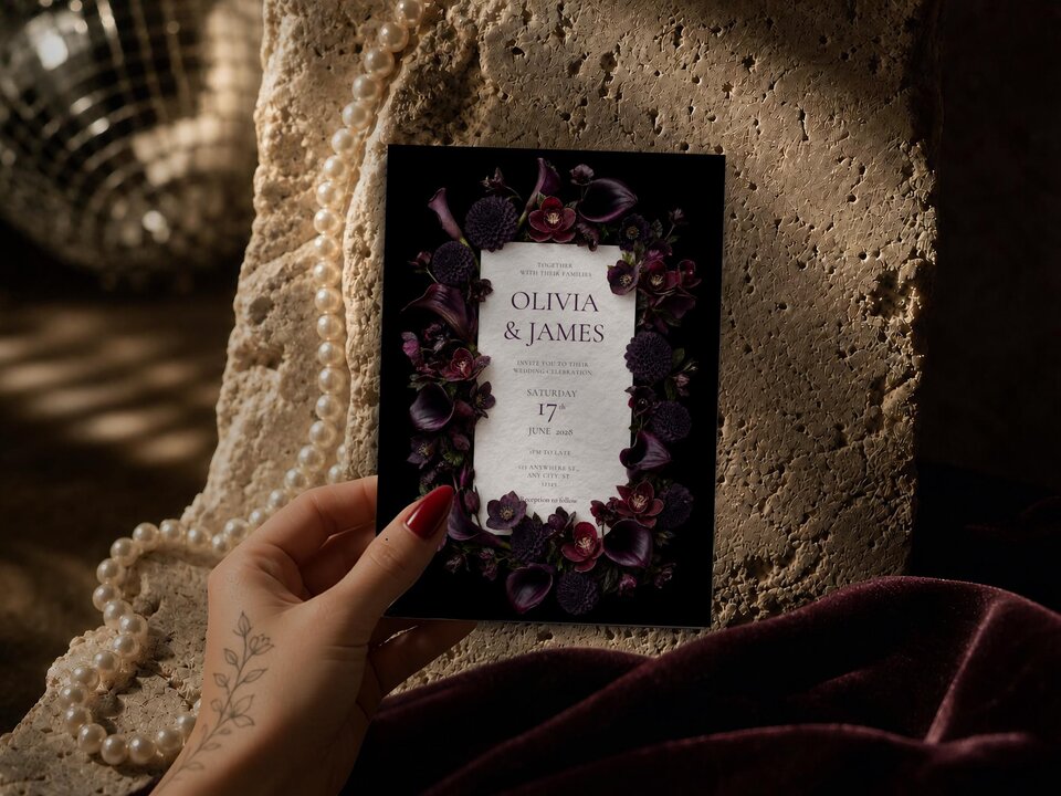 Plum floral wedding invitation featuring plum calla lilies, dark dahlias, burgundy orchids and velvety hellebore flowers arranged around elegant wedding stationery on a dramatic black background.