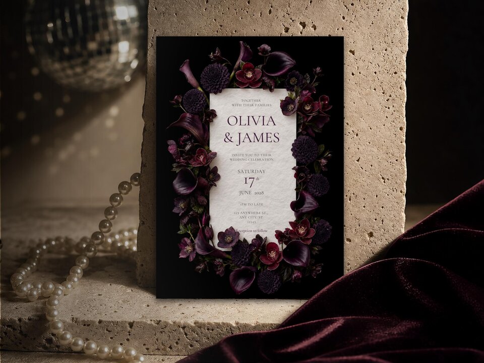 Plum floral wedding invitation featuring plum calla lilies, dark dahlias, burgundy orchids and velvety hellebore flowers arranged around elegant wedding stationery on a dramatic black background.