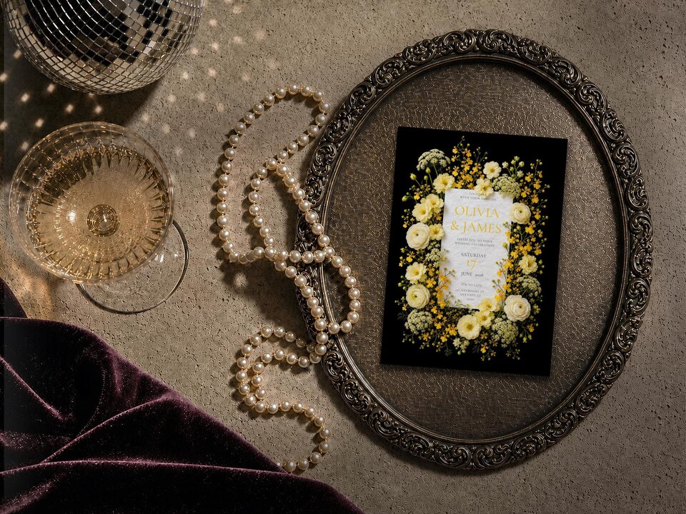 A flat lay image of a wedding invitation card resting on a dark ornate tray beside pearls, a glass of champagne, and a disco ball.