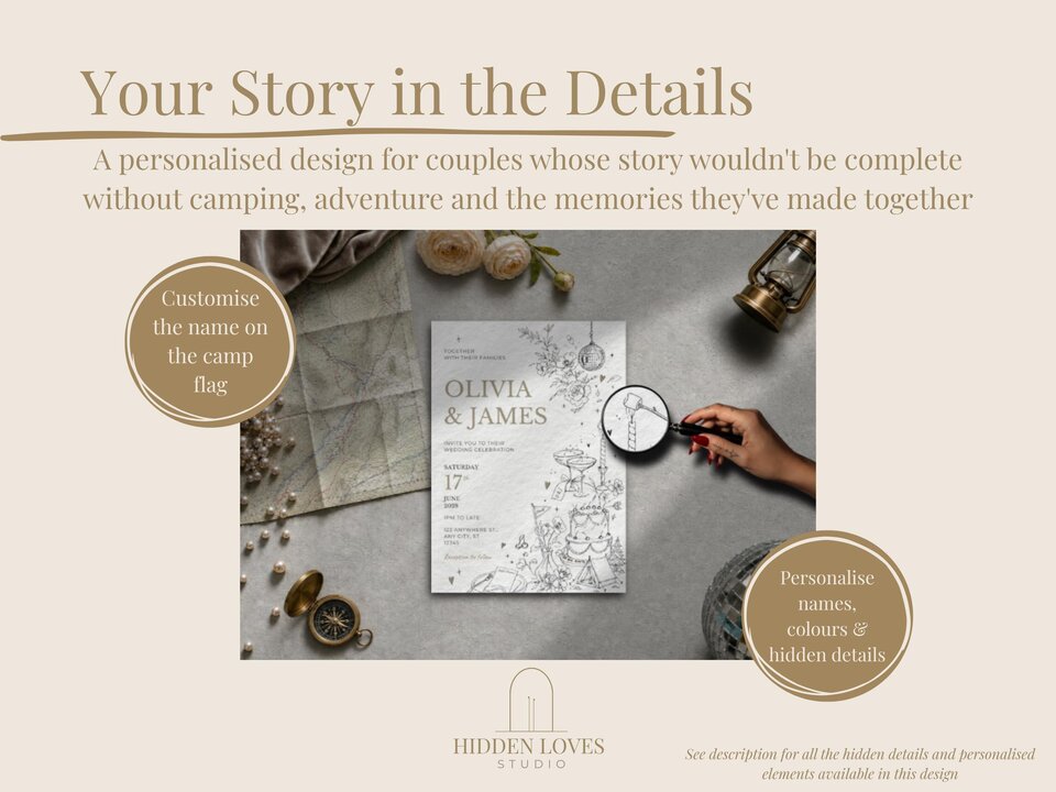 A wedding invitation mockup surrounded by a compass, pearls, and a magnifying glass on a neutral background.
