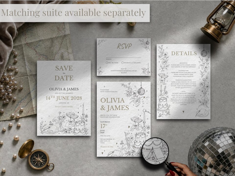 A flatlay view of a complete wedding stationery suite including save the date, RSVP, details cards, and invitations.