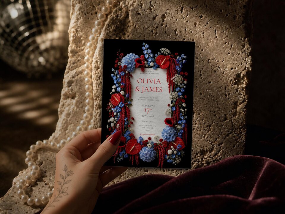A hand holds the wedding invitation featuring red and blue floral borders against a stone background with pearls and a disco ball.