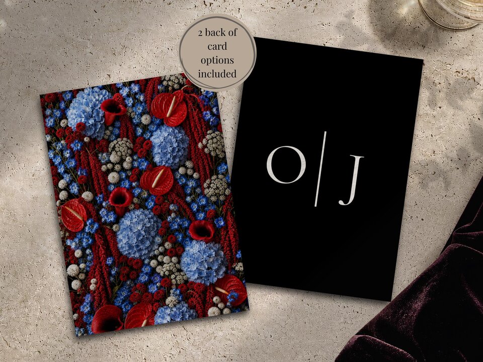 Two wedding invitation cards shown together, one displaying a solid black back with white initials O and J and the other covered in red and blue flowers.