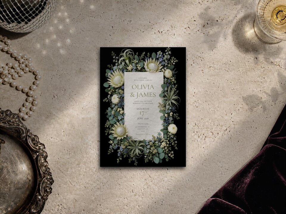 A flat lay image displays the wedding invitation card centered on a neutral stone surface alongside pearls and a decorative tray.