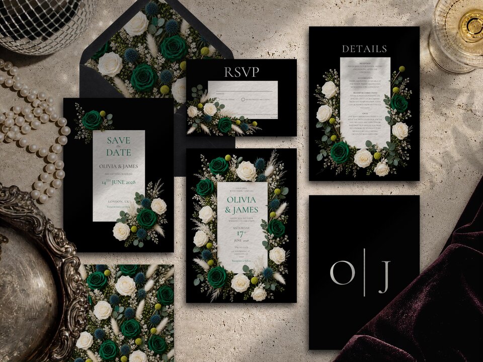 A flat lay of a complete black wedding invitation suite with emerald green and white floral designs.