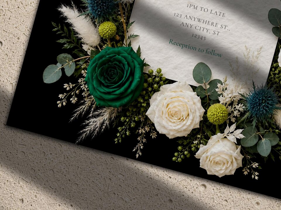 A close-up view of the detailed emerald green rose, white roses, and blue thistle on a wedding invitation.