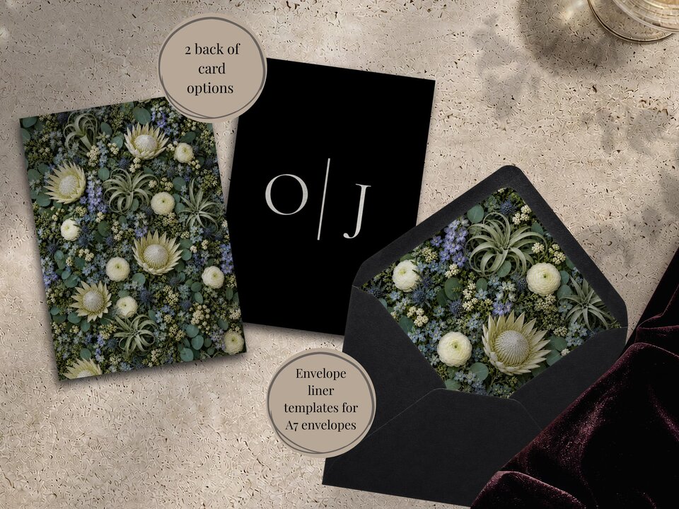 A black envelope with a dense sage green and white floral liner sits beside a matching card and a back card option featuring the same floral pattern.