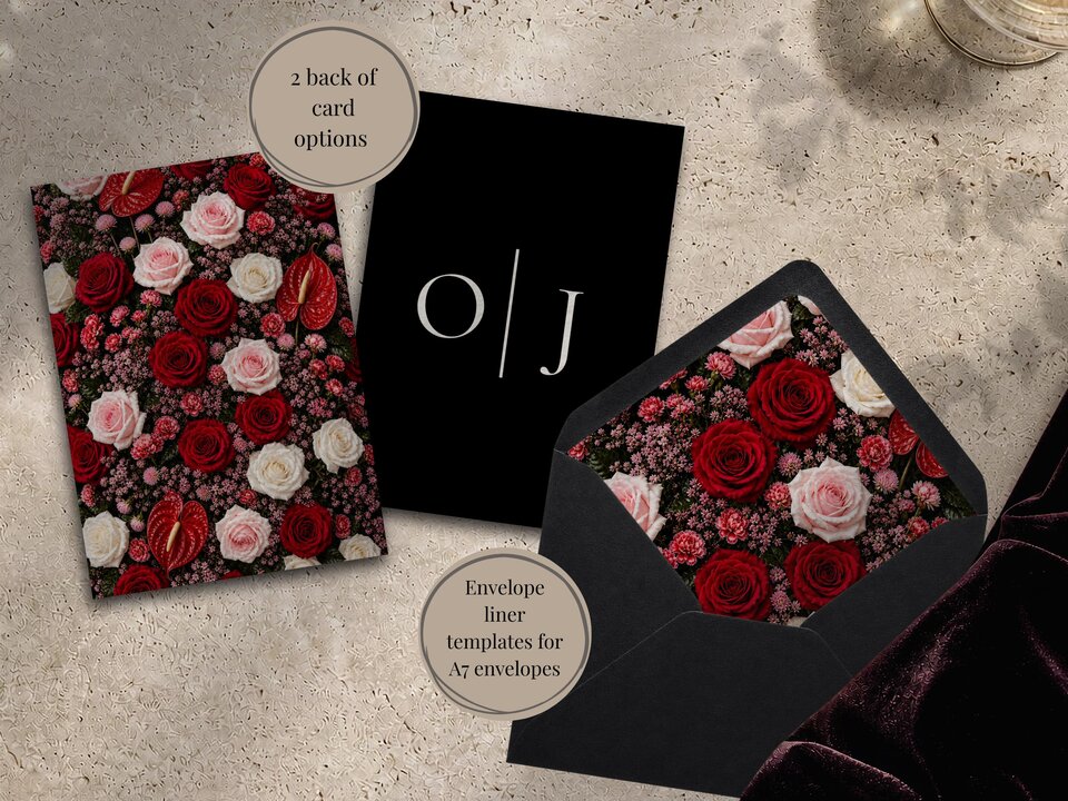 A flat lay showing a card covered in red and pink floral patterns, a black card with the initials O and J, and a black envelope with a floral liner.