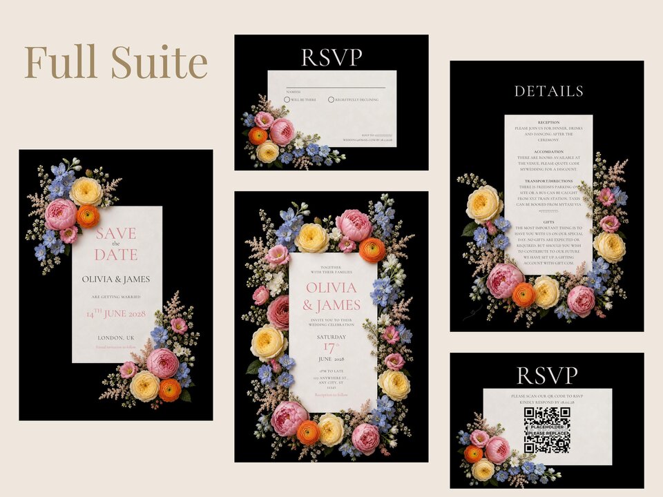 A digital layout displaying a full wedding suite with black backgrounds and pastel floral arrangements framing invitation, save the date, details, and RSVP cards.