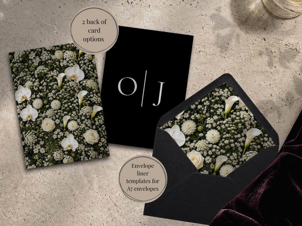 Two card back options featuring white flowers and a black card with monogram initials alongside an open envelope with a floral liner.