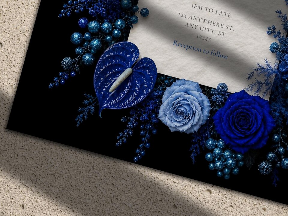 Close-up of the wedding invitation showcasing detailed blue roses, anthuriums, and pearl-like berries on a black background.