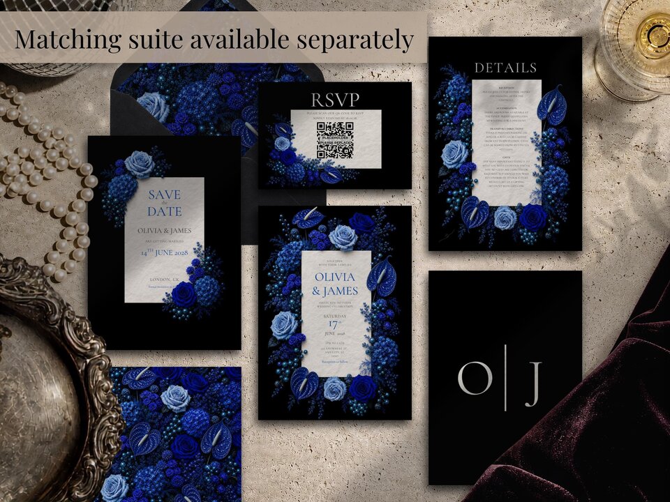 A collection of matching wedding stationery items including a save the date, RSVP card, details card, and invitation suite with blue floral designs.