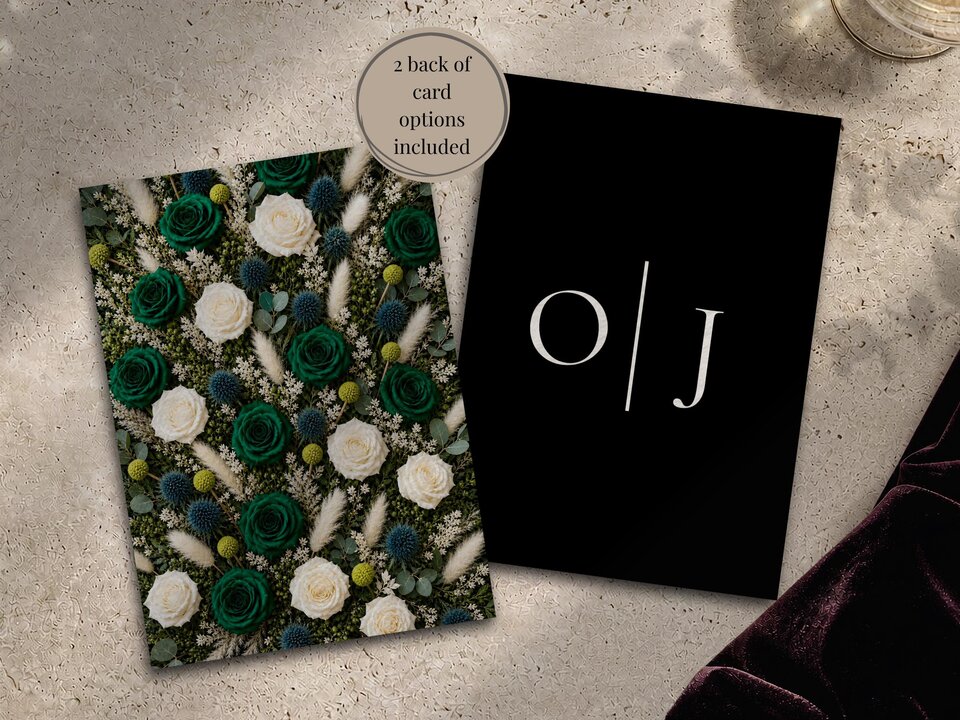 Two back-of-card options are shown, one featuring a full floral pattern and the other a black background with white initials.