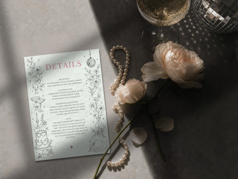 A details wedding card with black line illustrations and pink headings, accompanied by pale roses, pearls, and a glass of champagne.