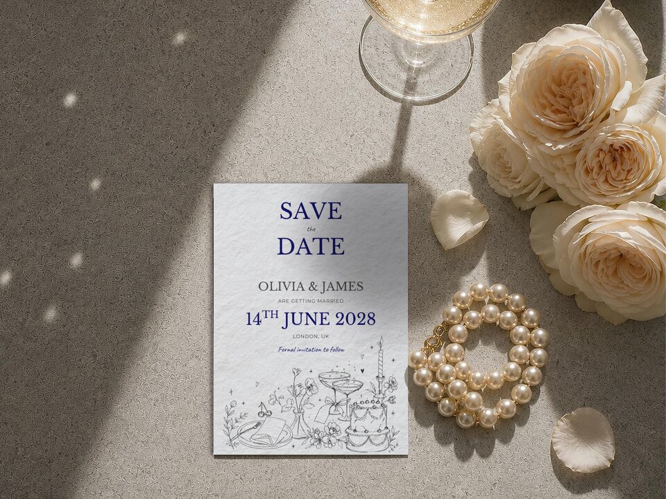 A Save the Date card resting on a grey surface next to pale roses, scattered petals, a pearl necklace, and a champagne glass.