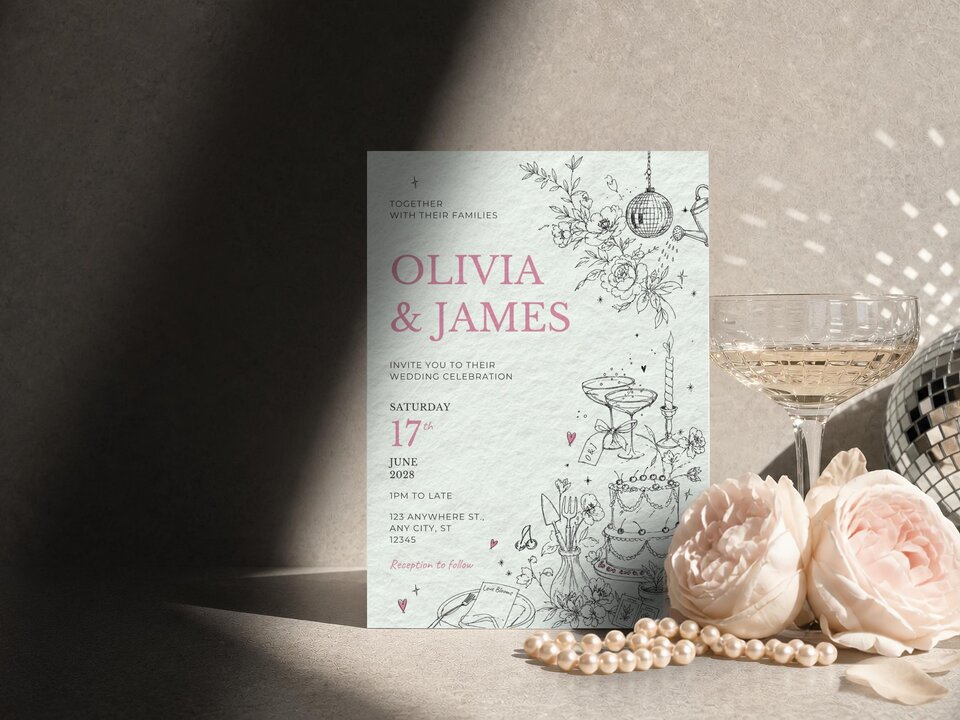 The wedding invitation stands upright beside two pale pink roses, a strand of pearls, and a champagne glass.