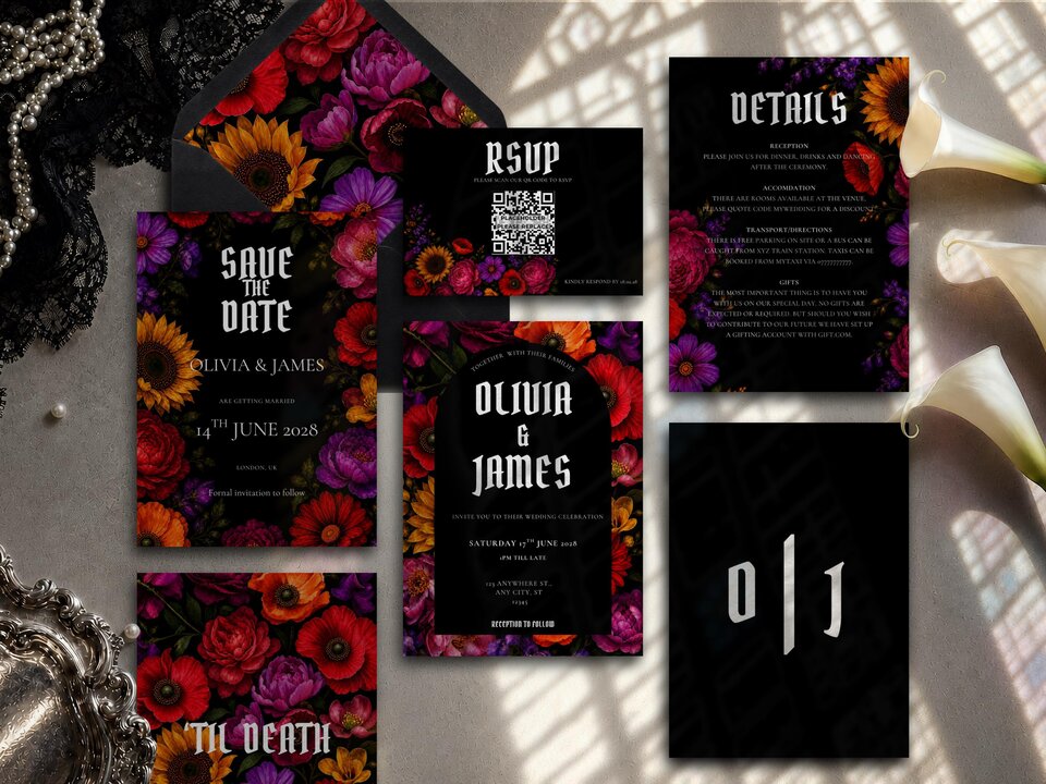 Colourful gothic wedding invitation suite featuring jewel tone rainbow florals on a black background with elegant typography and dark romantic styling.