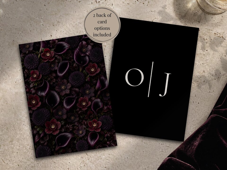 Two vertical cards showing the front with white monogram letters and the back with a dense pattern of dark purple and maroon flowers.