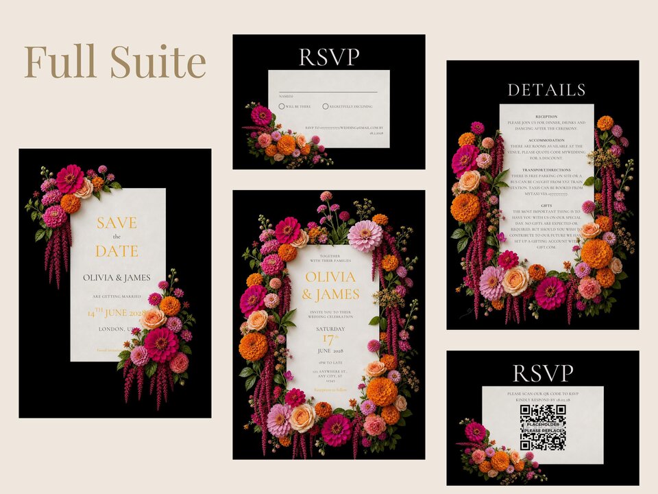 A collection of matching wedding stationery templates featuring floral designs, including save the date, RSVP cards, and details cards.