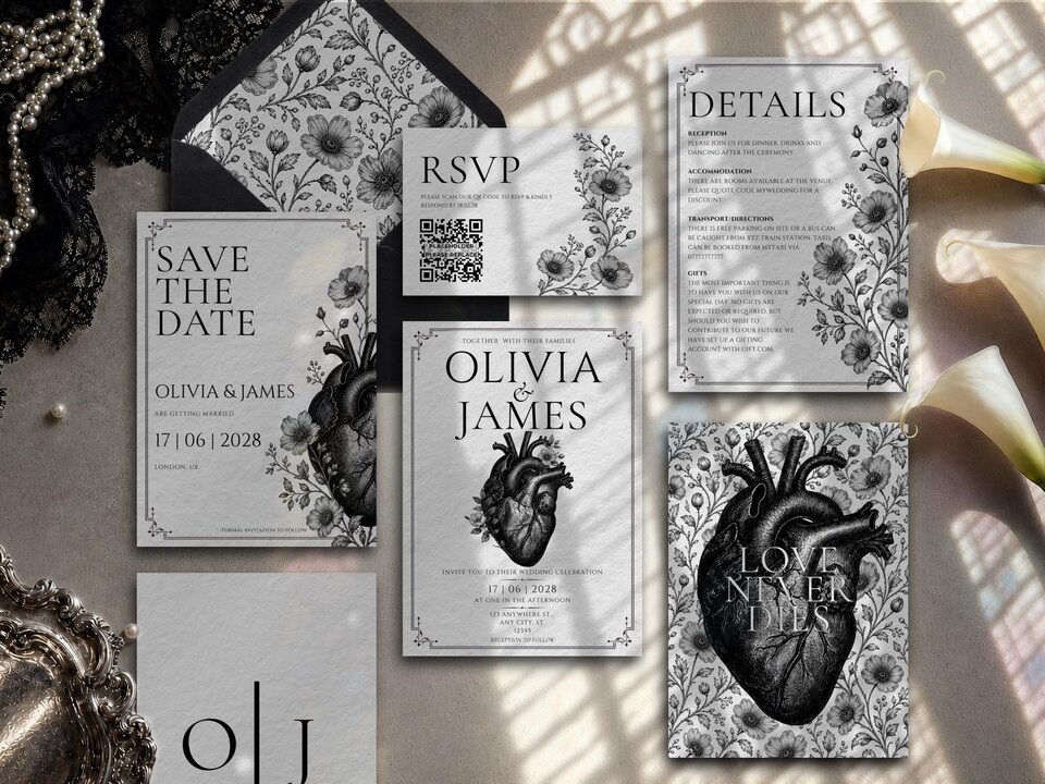 Anatomical heart wedding invitation suite with vintage engraved artwork, botanical details and refined typography in a black and ivory dark romance design.
