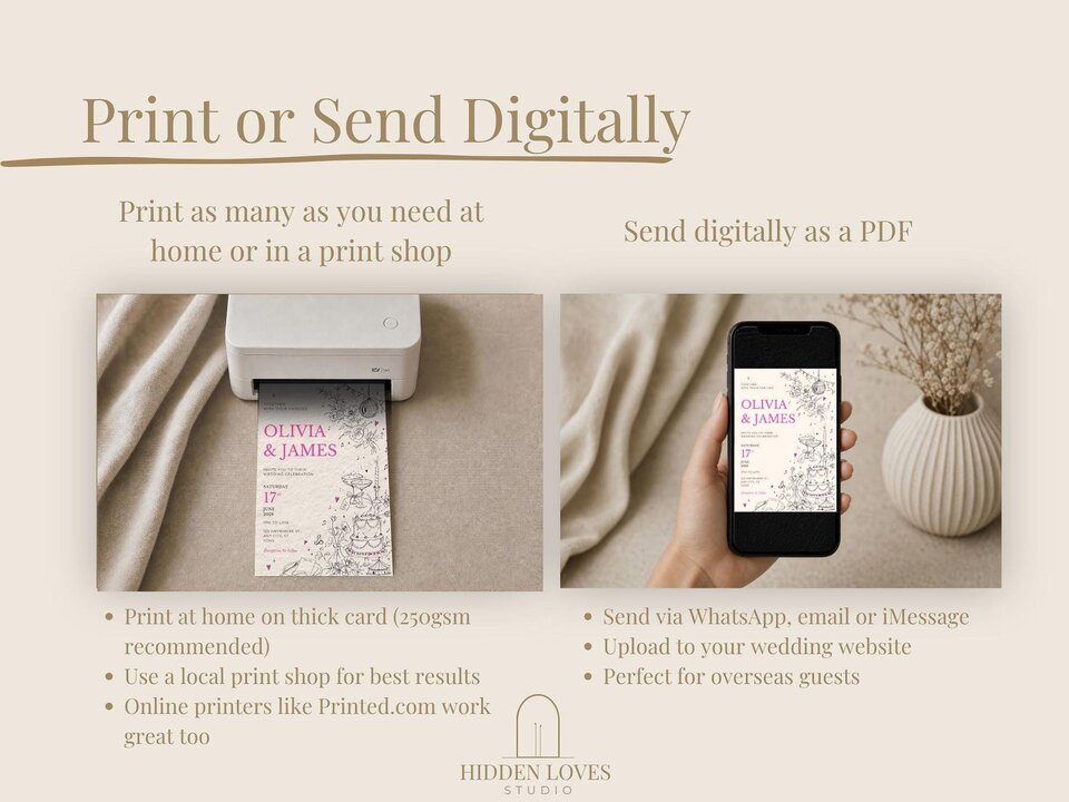 Two images side by side showing a wedding invite coming out of a home printer and a hand holding a phone displaying the digital invite.