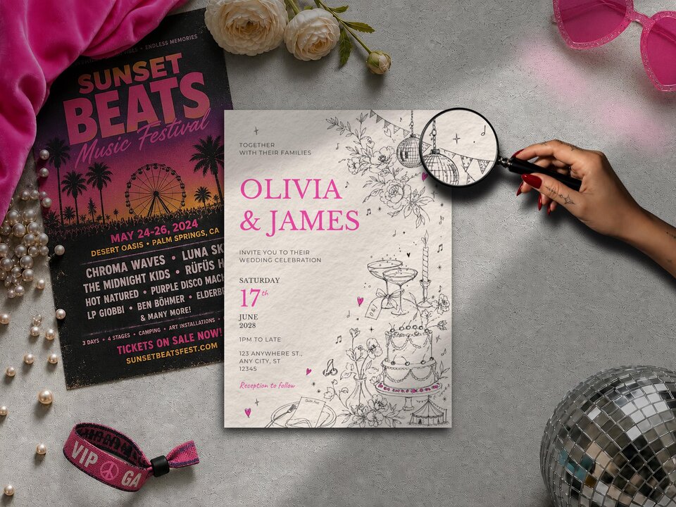 Close-up of a wedding invitation suite with a magnifying glass held over a line drawing of a disco ball, alongside a festival ticket and pink accessories.