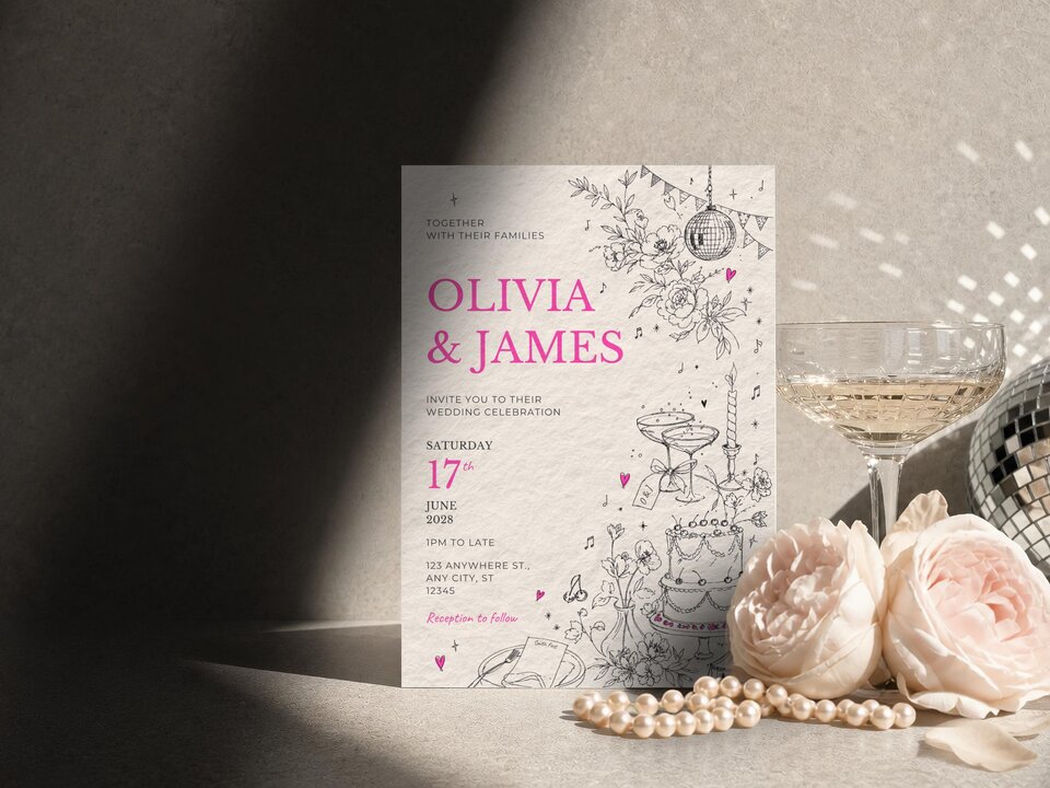 An upright wedding invitation standing on a grey surface next to a glass of champagne, two pink roses, and a pearl necklace.