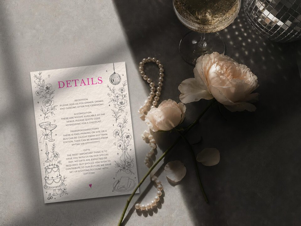 A wedding details card displaying black line sketches and pink headers, laid out beside two pale roses, a pearl necklace, and a champagne glass.