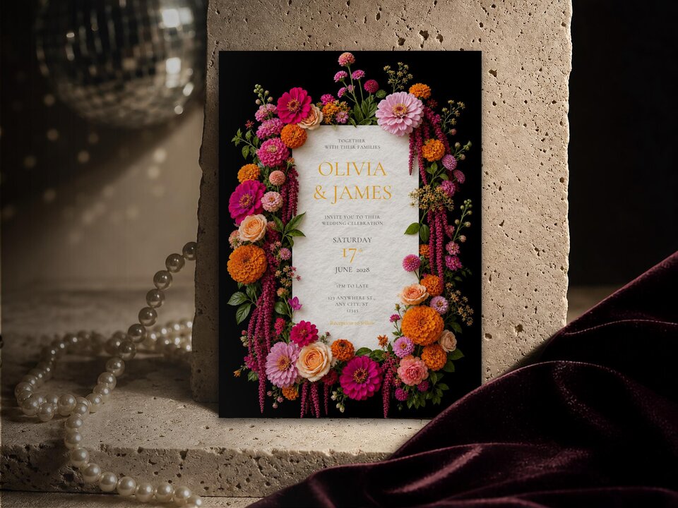 Floral wedding invitation leaning against a stone block with pearls and dark fabric nearby.