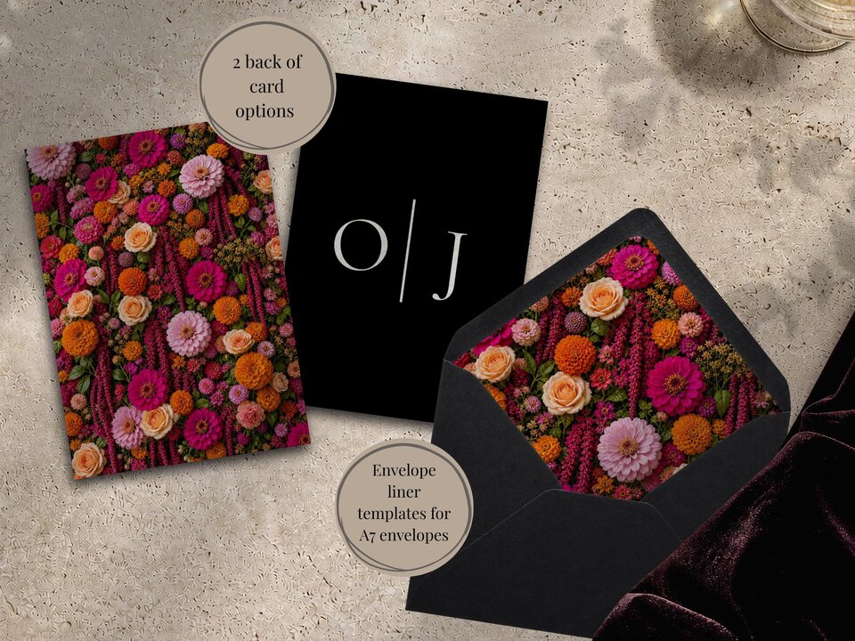 A flat lay showing a floral card, a black card with monogram initials O and J, and a black envelope with a matching floral liner.