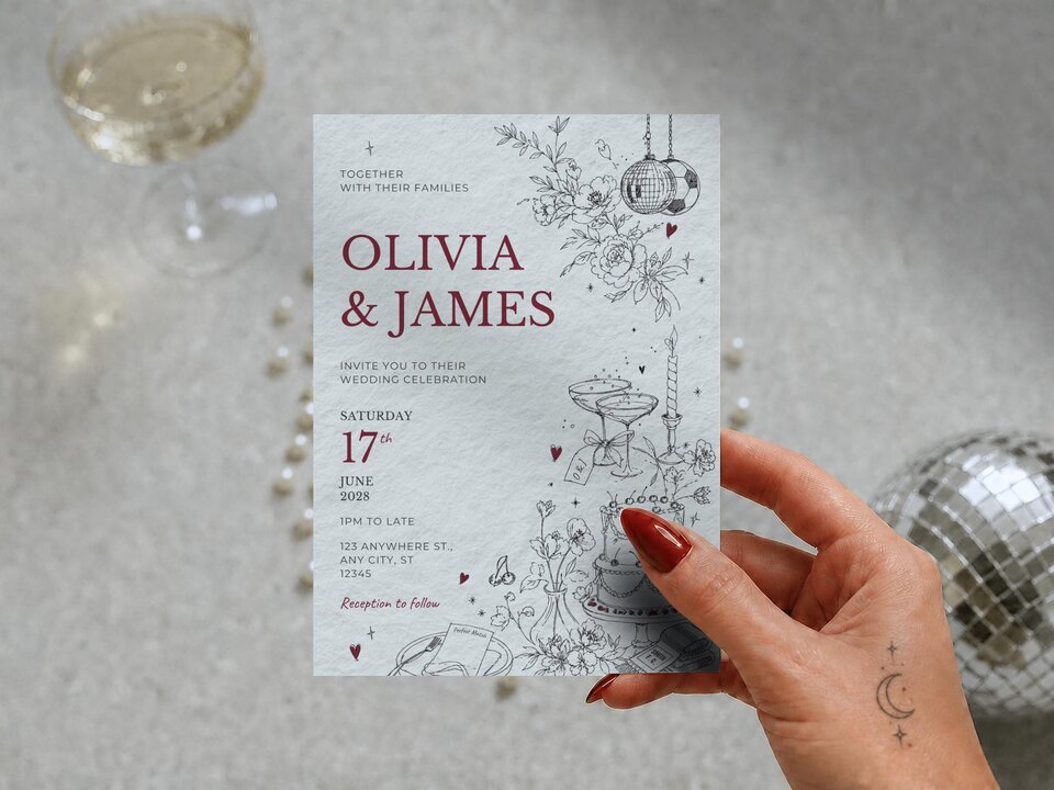 A hand holding the football-themed wedding invitation card with red text reading Olivia and James next to a glass of champagne.
