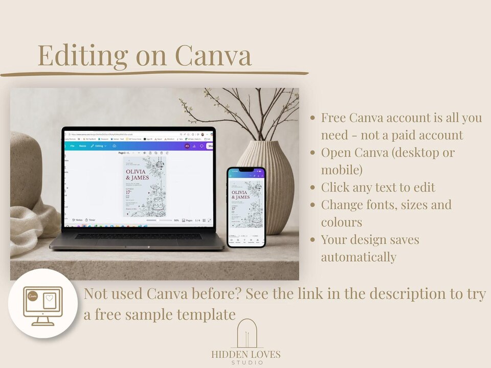 A laptop and smartphone displaying a wedding invitation template on a desk next to text explaining how to edit on Canva.