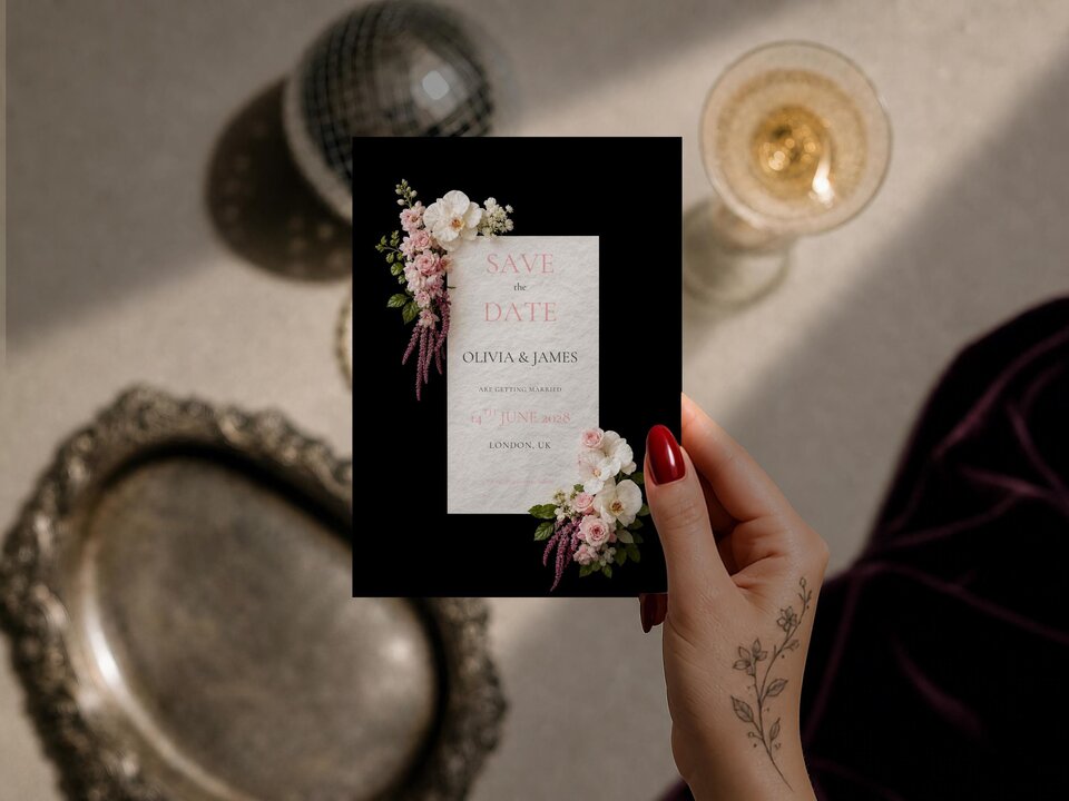 A hand with red nail polish and a floral tattoo holds a save the date card next to an ornate silver platter, champagne glass, and disco ball.