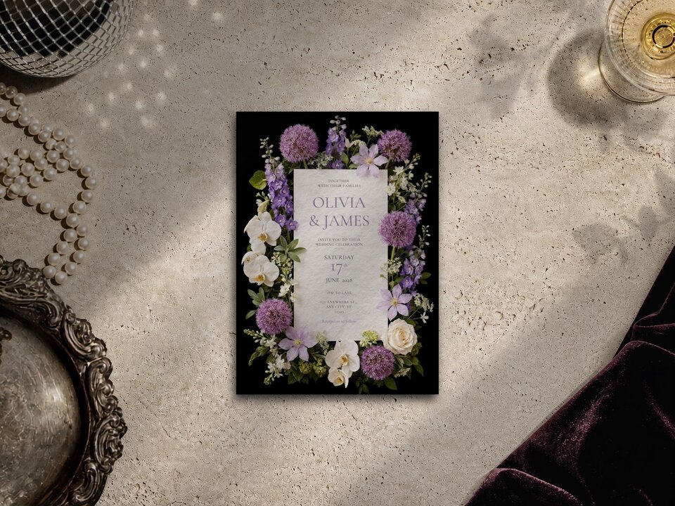 Flat lay of a wedding invitation card centered on a concrete surface, surrounded by pearls, a glass of champagne, a disco ball, and dark velvet fabric.