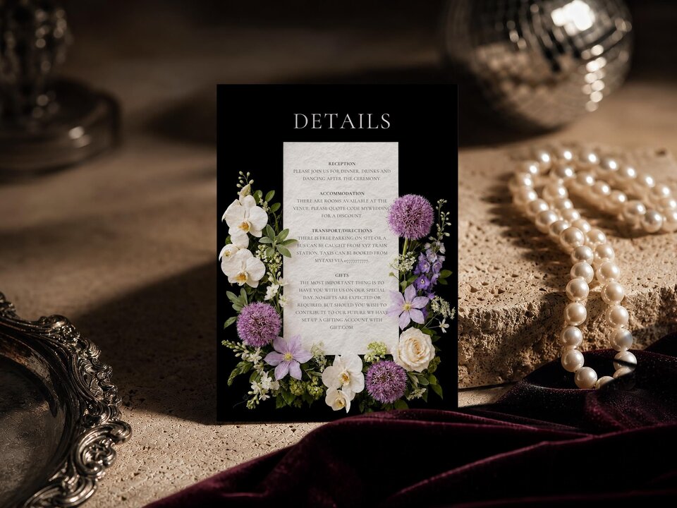 A wedding details card featuring a black background and white floral arrangement stands on a textured surface next to a pearl necklace and disco ball.