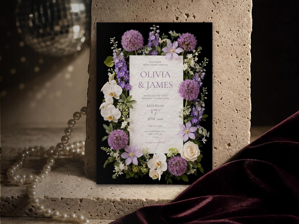 A wedding invitation stands upright on a textured stone surface next to pearls and dark fabric.