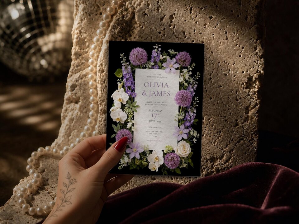 A hand holds the wedding invitation card against a textured stone backdrop with pearls and draped velvet.