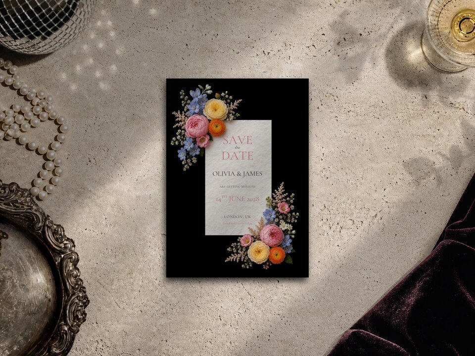A black save the date card with pastel watercolor wildflowers and text reading Olivia and James is displayed on a textured stone surface.