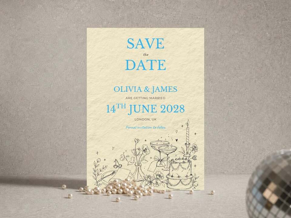 An upright save the date card on a neutral surface with scattered pearls and a portion of a disco ball visible.