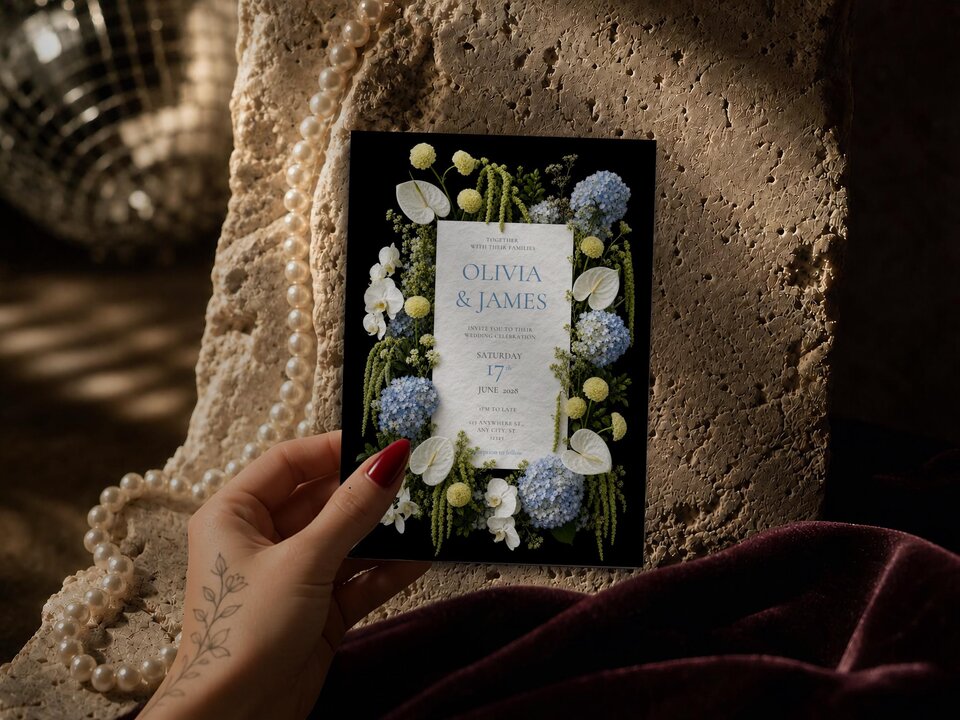 A hand holds a wedding invitation card featuring blue and yellow floral arrangements against a black background.