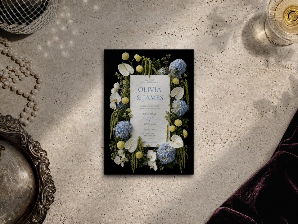 Flat lay of a floral wedding invitation card placed on a textured stone surface with pearls and velvet fabric.