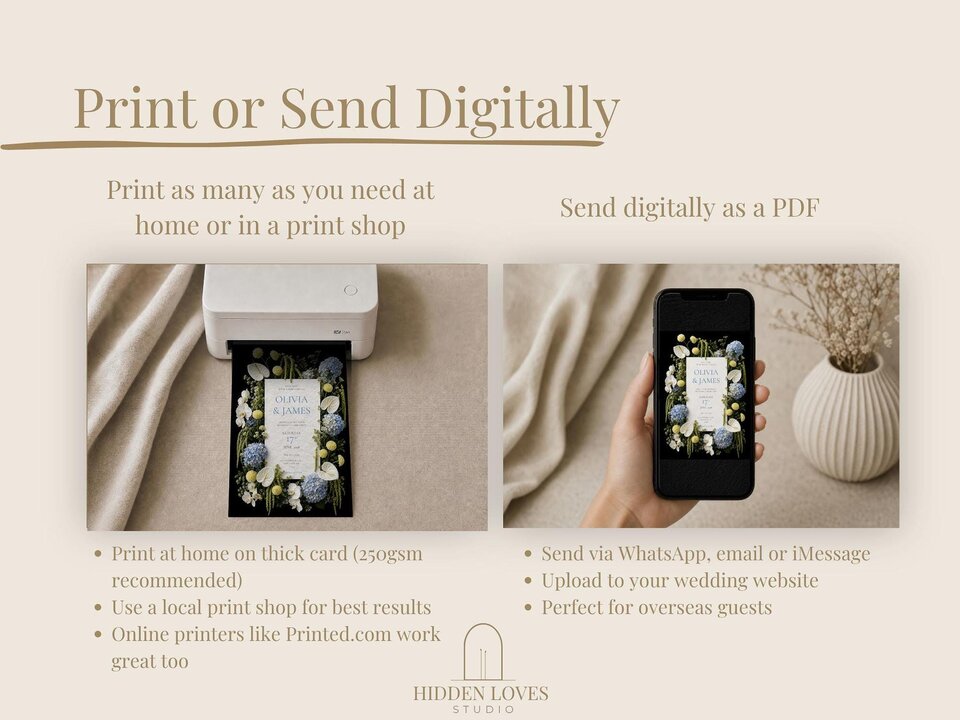 Infographic demonstrating printing options with a home printer and sharing options via a smartphone screen.