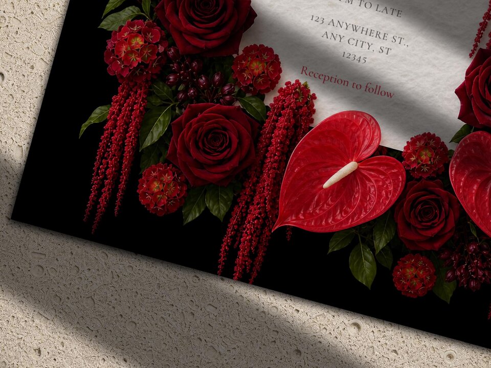 A close-up view of a wedding invitation featuring a dark black background adorned with rich red roses, anthuriums, and cascading amaranthus.