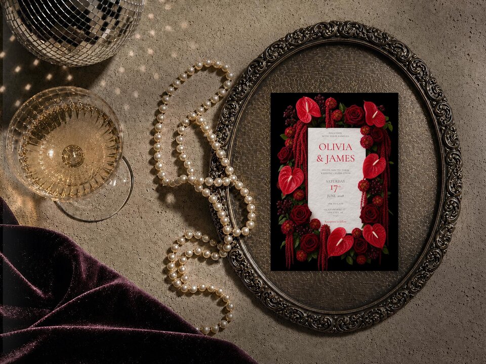 A wedding invitation styled flat lay on a textured surface with a string of pearls, a glass of champagne, a disco ball, and an ornate silver tray.