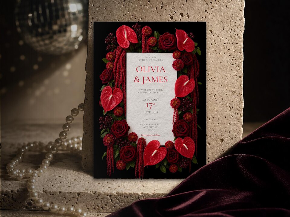 A black wedding invitation template decorated with crimson roses and red anthuriums is propped against a rough stone block beside pearls and burgundy velvet.