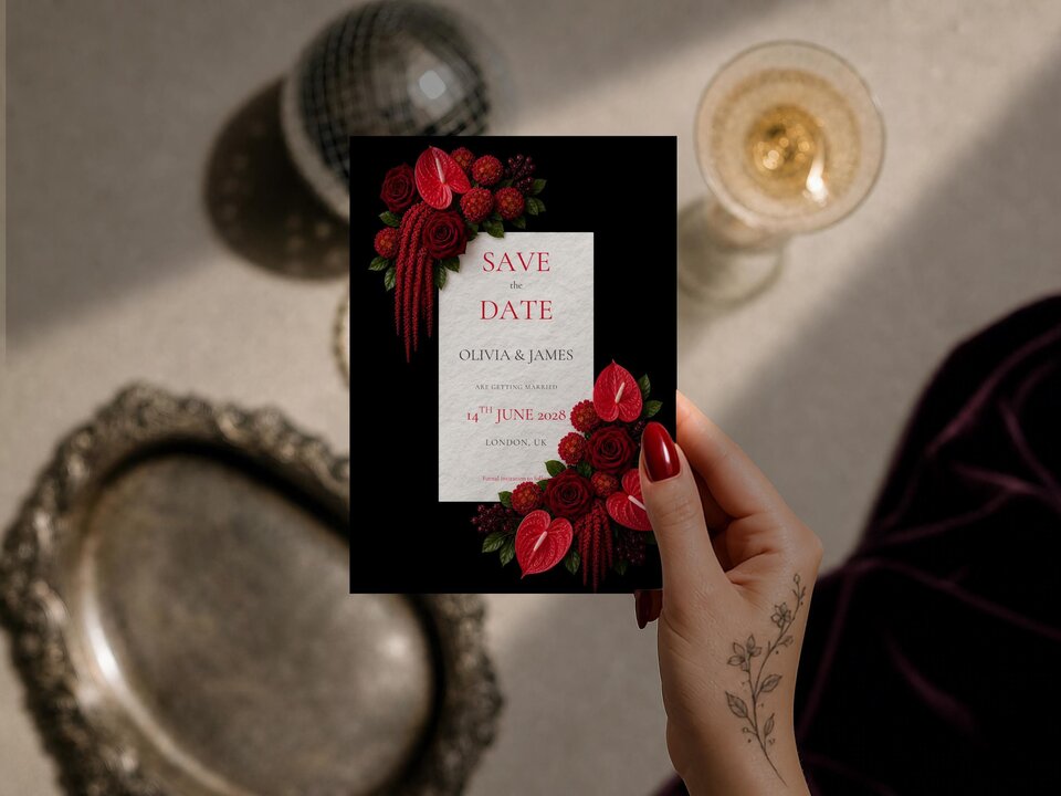 A hand holding a save the date card featuring a black background and deep red floral arrangement, placed among decorative table styling props.