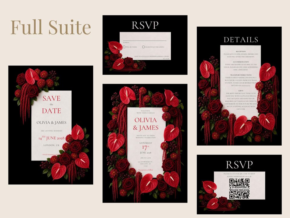 Full suite of black wedding stationery featuring red roses and anthuriums surrounding white text boxes.